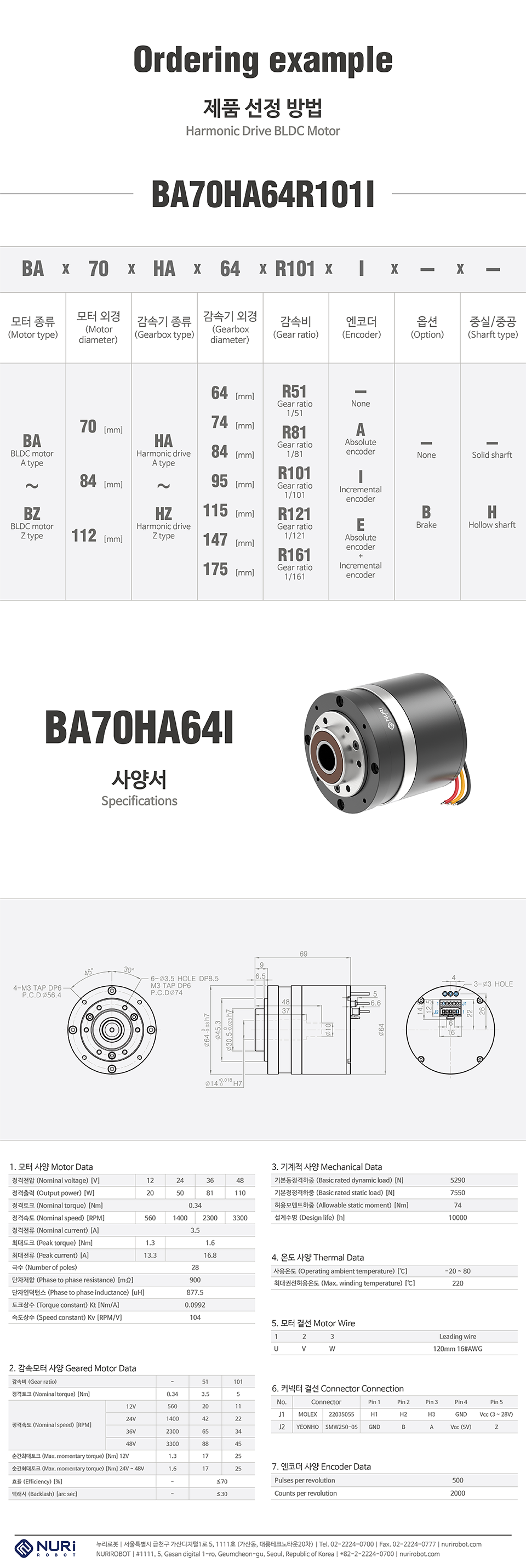 NuriRobot Harmonic Drive BLDC Motor Encoder BA70HA64I